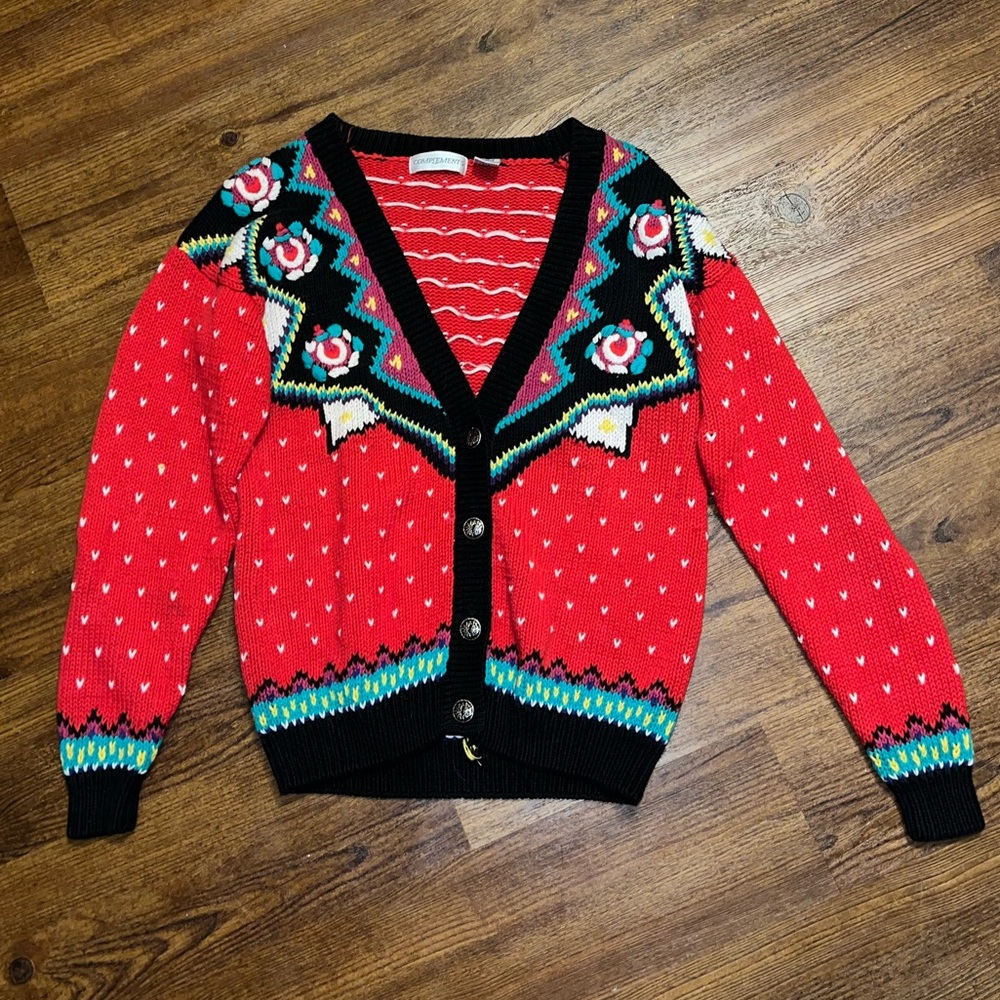 Complements 90s Retro Red Colorful Knit Button Up Cardigan Sweater Size S - Picture 2 of 14